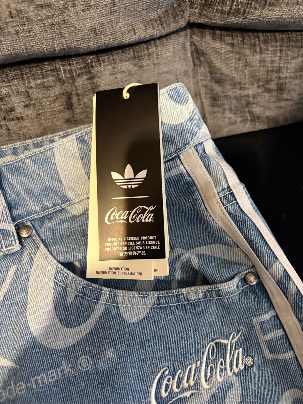 Adidas,Coca-Cola Light Blue & White Logo Denim Jorts, Brand new,cut small - Picture 5 of 6